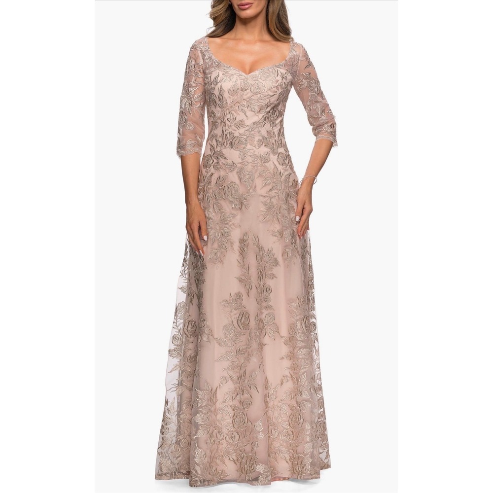 New! La Femme 28053 Floral Embroidered Mesh A-Line Gown Champagne Sz 16 - Picture 1 of 6